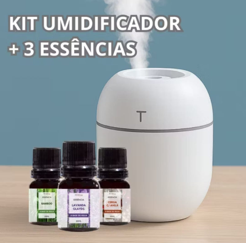 Kit Aromatizador Difusor Ultrassônico Portátil USB + 3 Essências - PROMOÇÃO RELÂMPAGO!